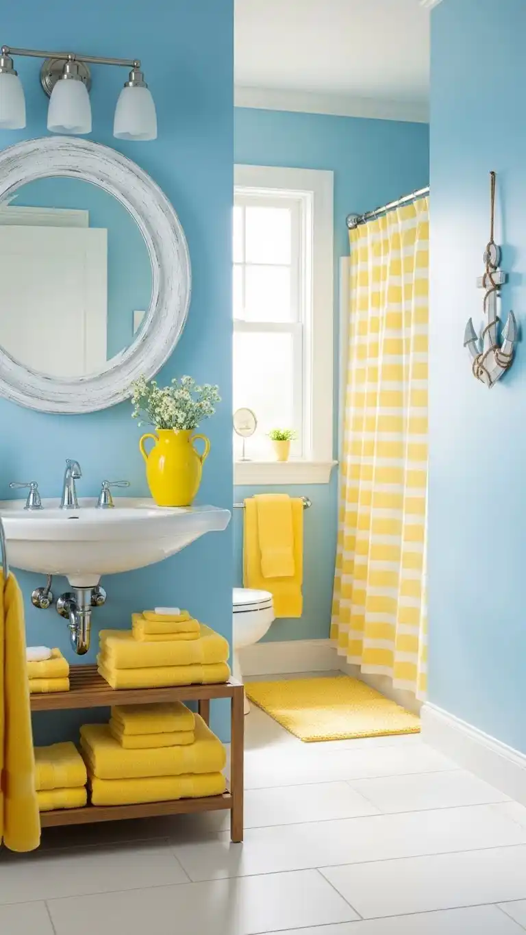 17 Bright and Stylish Yellow Bathroom Ideas You’ll Love 15 13. Coastal-Inspired Yellow and Blue Theme