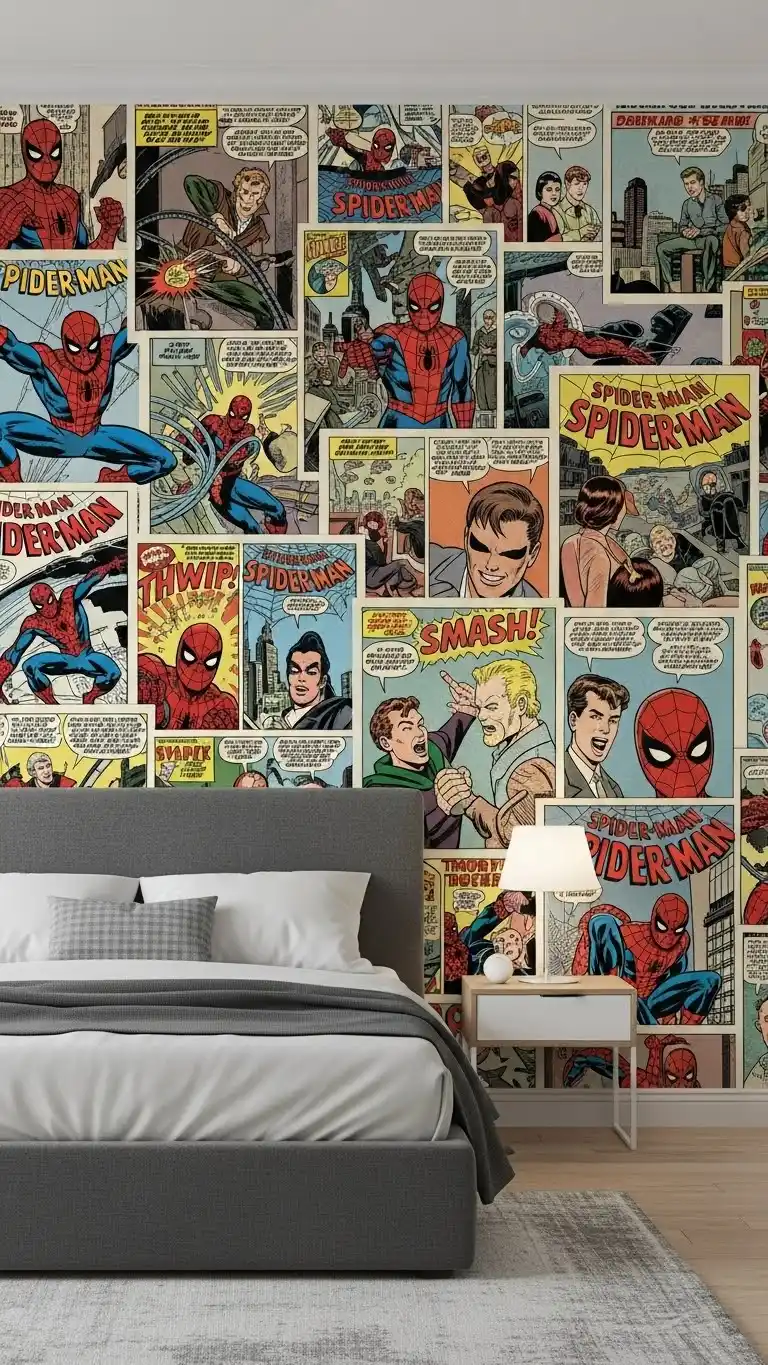 23 Spider Man Bedroom Ideas That Feel Bold and Playful 15 13. Comic Book Accent Wall
