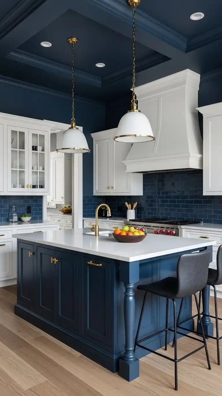 21 Creative Kitchen Color Schemes for Every Style 15 13. Deep Navy Blue and White