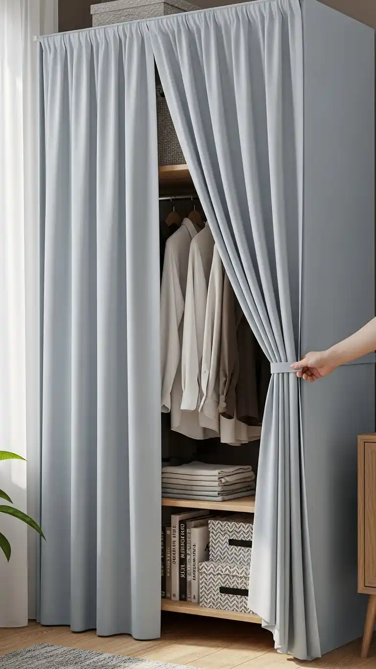 17 Small Bedroom Storage Ideas That Are Simple and Stylish 15 13. Hang Curtains to Create Hidden Storage