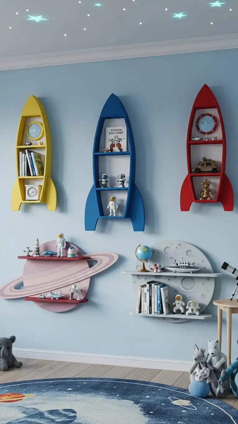 25 Space Themed Bedroom Ideas For Boy Toddlers You’ll Love 15 13. Rocket-Shaped Wall Shelves