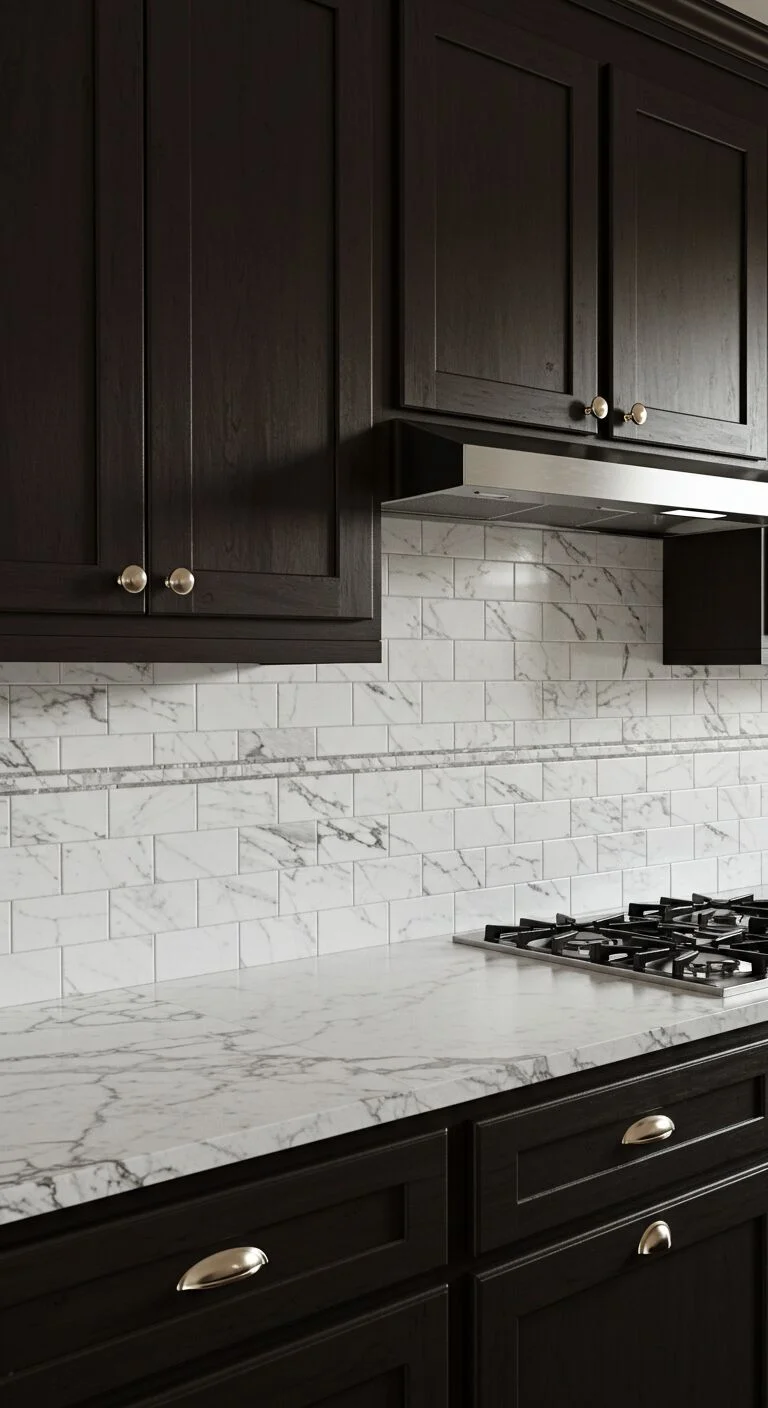 17 Stunning Backsplash Ideas for Dark Cabinet Kitchens 15 13. Subway Tiles with Marble Details