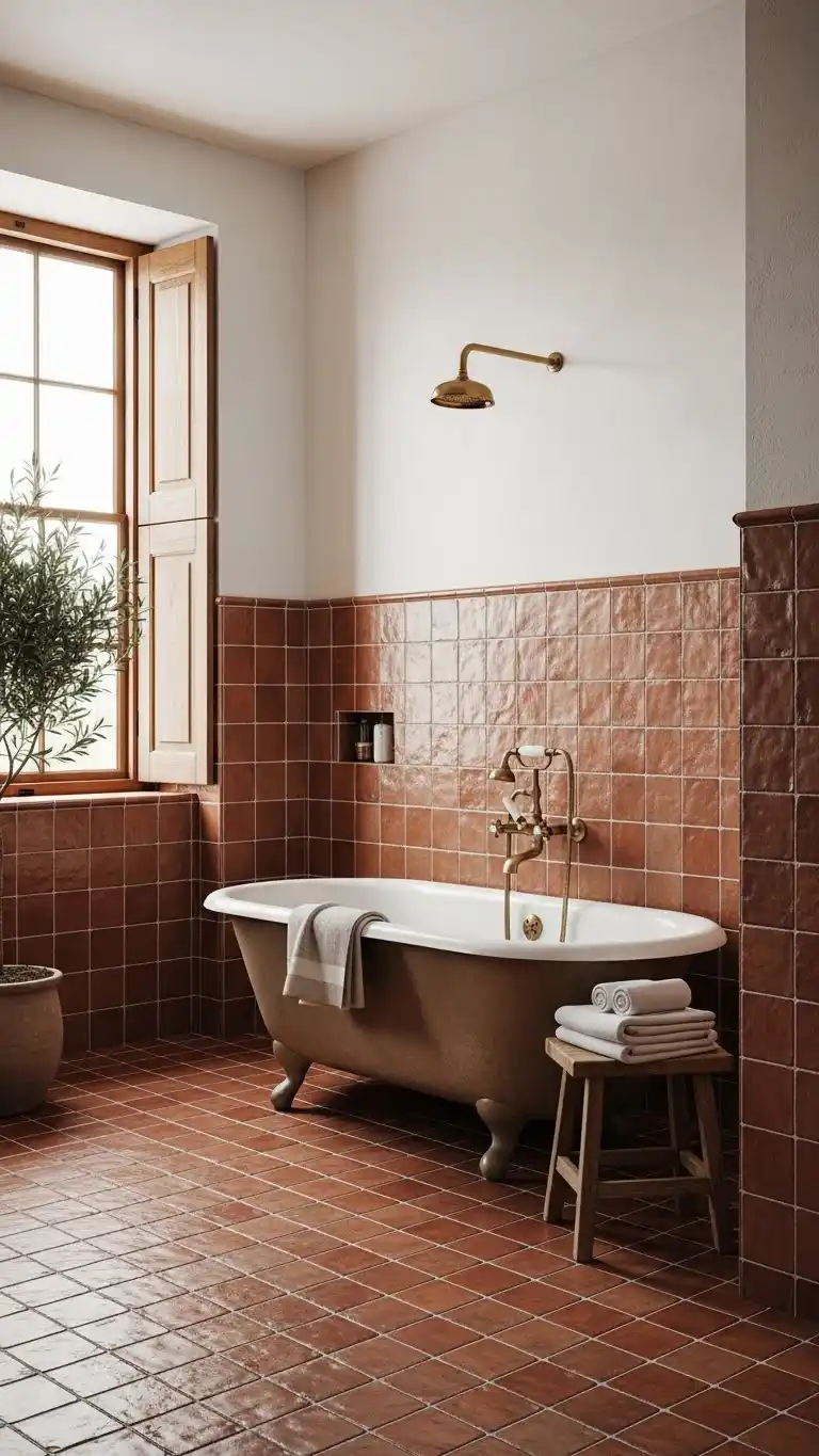 15 Bathroom Floor Ideas That Wow on Any Budget 15 13. Terracotta Tiles for a Mediterranean Feel