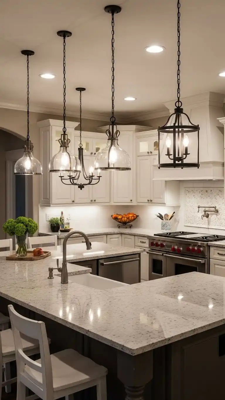 15 Smart U Shape Kitchen Island Ideas You’ll Love 15 13. U-Shape Island with Decorative Lighting