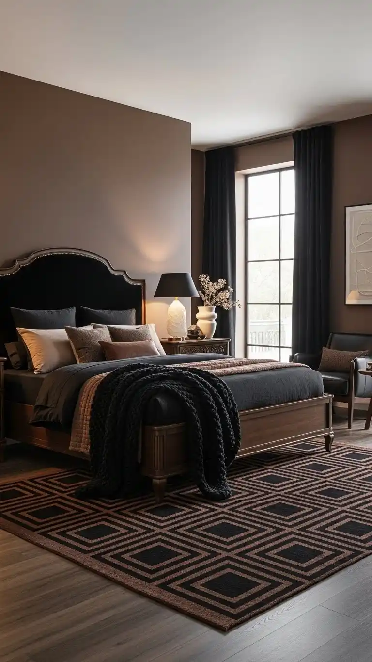 19 Bedroom Interior Ideas That Feel Warm & Inviting 16 14. Black and Brown Elegance