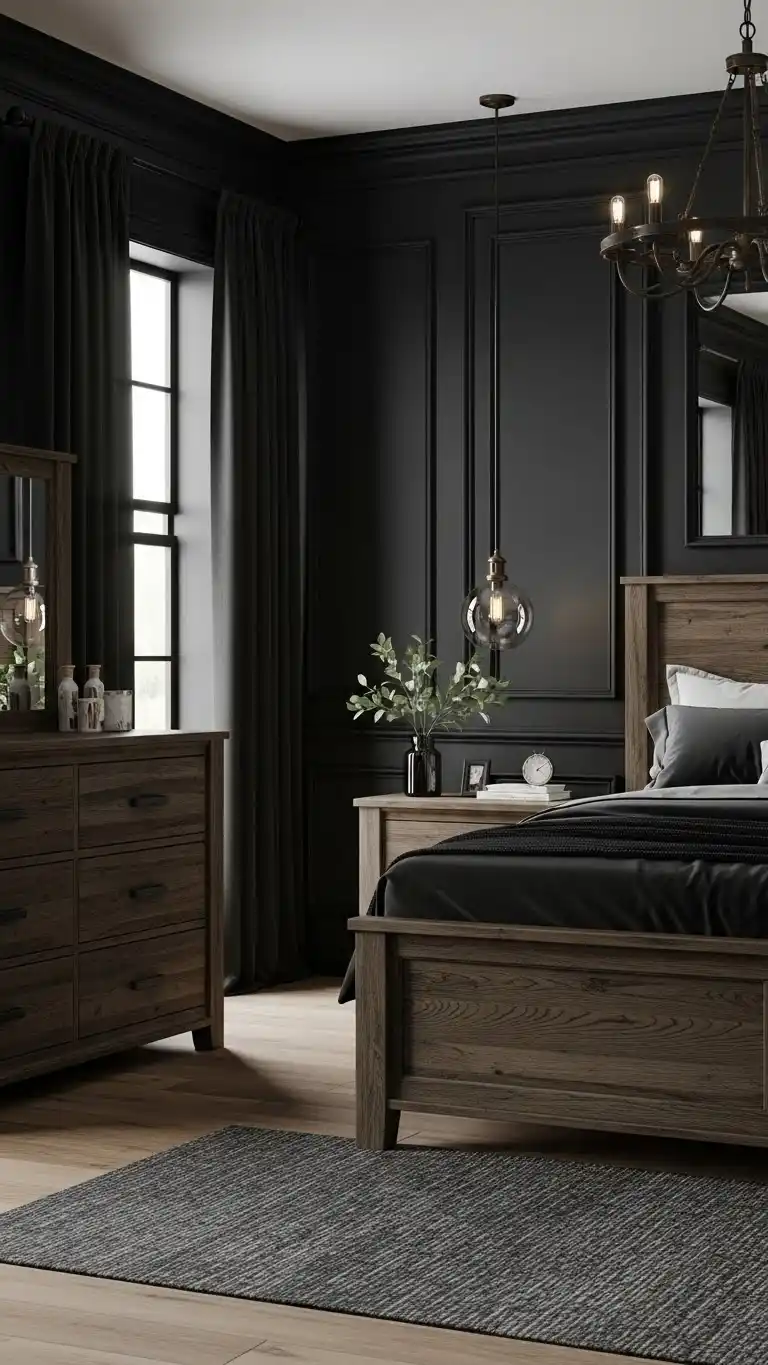 19 Stylish Black and Brown Bedroom Ideas for Any Home 17 14. Black and Brown with Dark Wood Elements