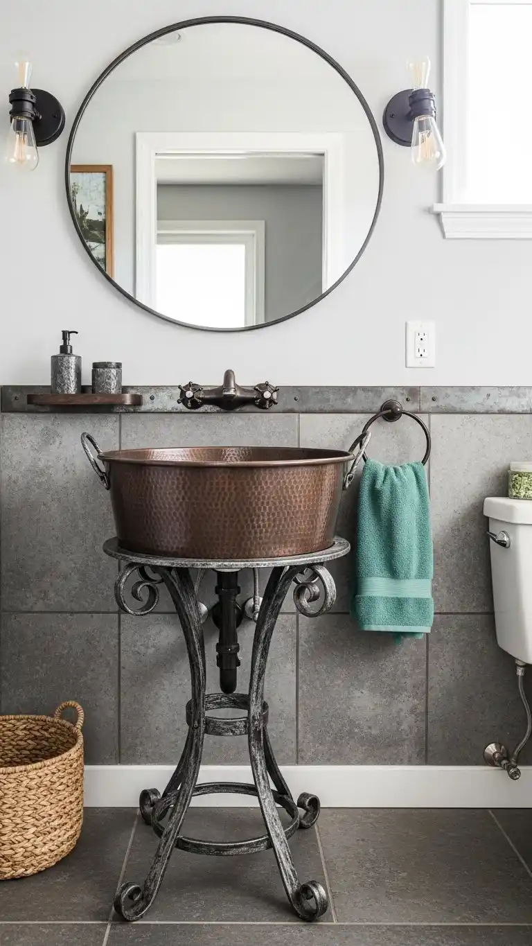 14 Boho Bathroom Sink Ideas for a Stylish Space 16 14. Boho Industrial Mix with Metal Accents