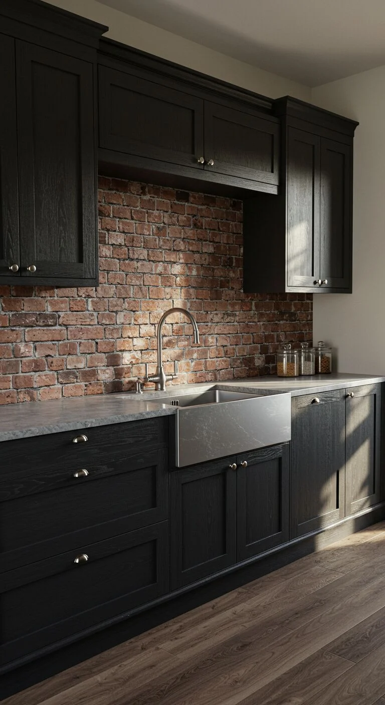 17 Stunning Backsplash Ideas for Dark Cabinet Kitchens 16 14. Brick-Look Backsplash