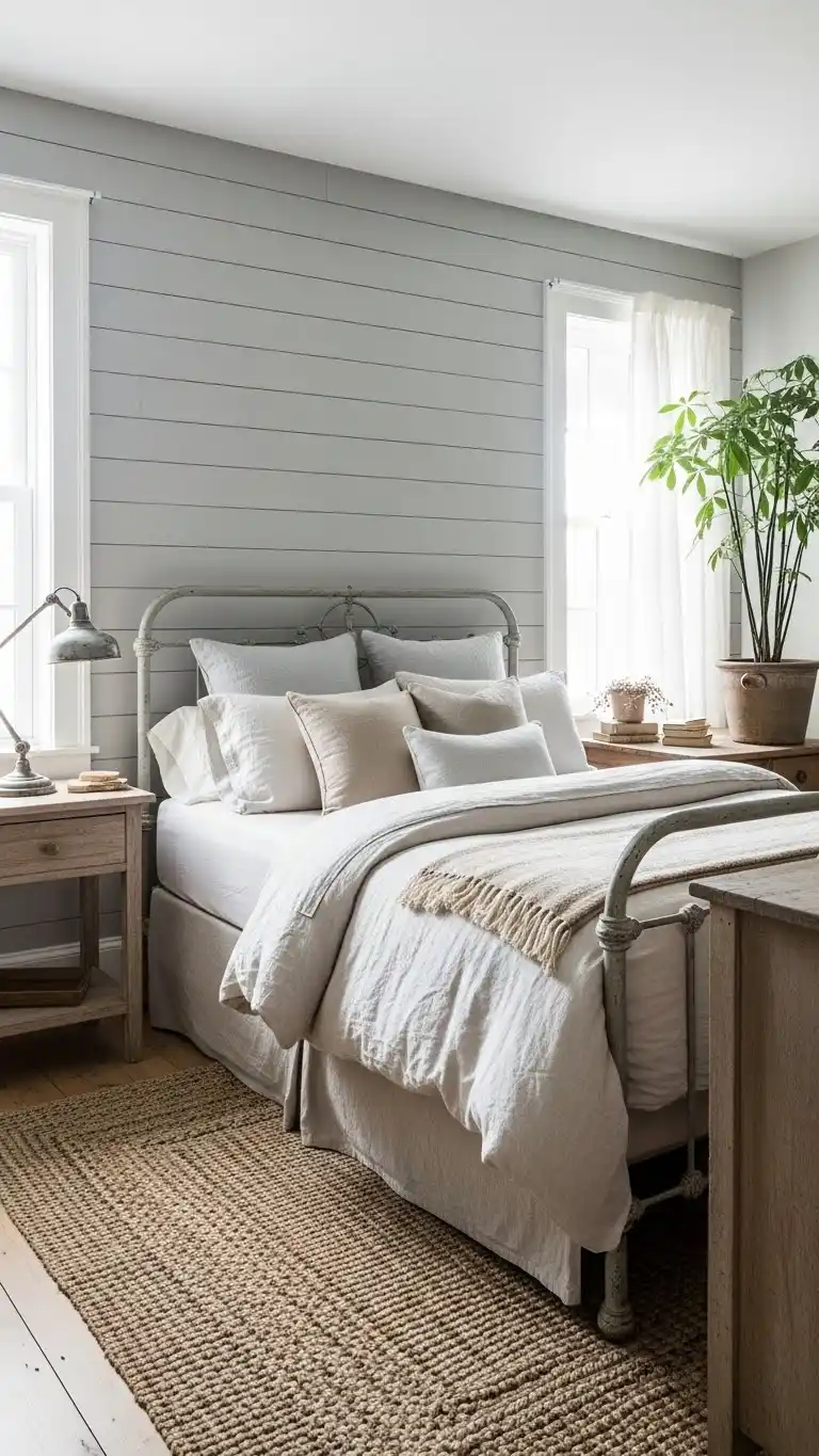 Stylish Gray Bedroom Ideas for a Cozy Look 17 14. Farmhouse-Style Gray Bedroom
