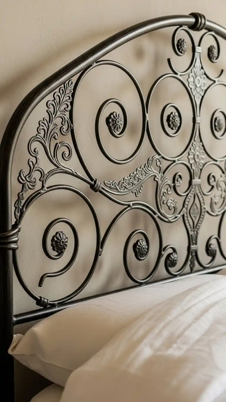 23 Boho Bedroom Headboard Ideas That Feel Warm & Stylish 16 14. Metal Headboard with Intricate Patterns