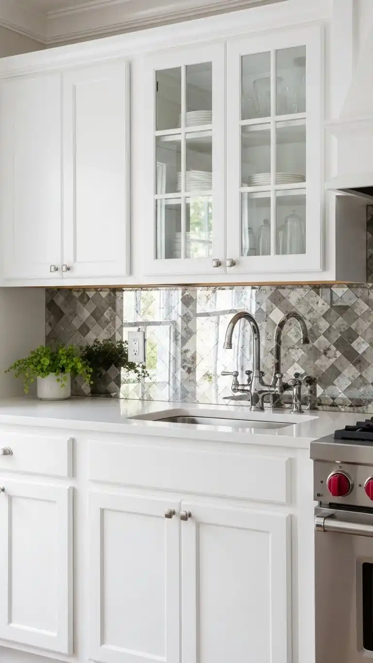 13 Stunning Kitchen Backsplash Ideas for White Cabinets 17 14. Mirrored Backsplash for a Glamorous Effect