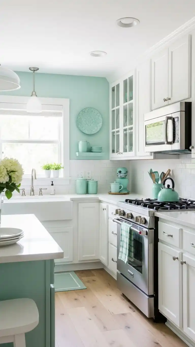 21 Creative Kitchen Color Schemes for Every Style 16 14. Soft Mint Green and White