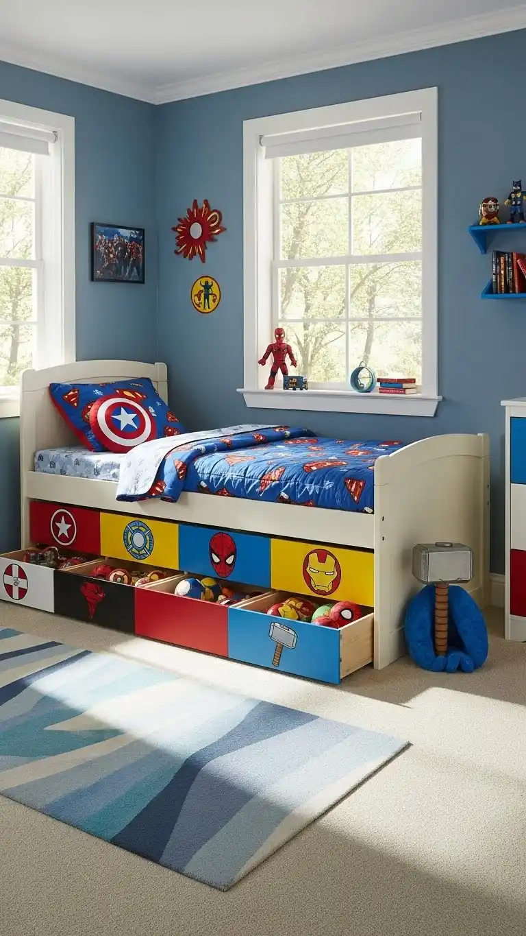 15 Cool Marvel Bedroom Ideas for Boys’ Spaces 16 14. Superhero Storage Solutions