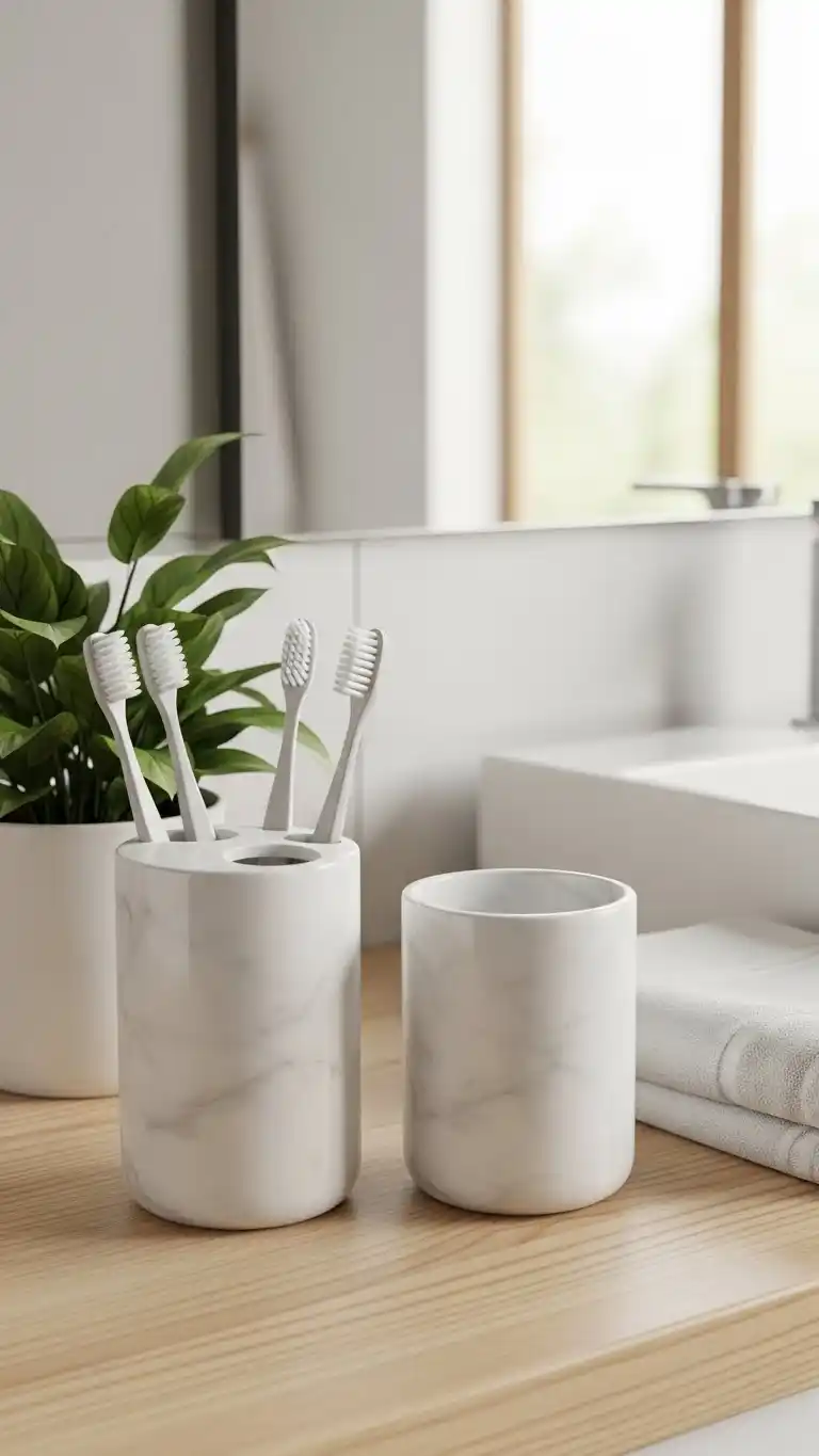 19 Bathroom Shelf Decor Ideas for a Stylish Space 16 14. Toothbrush Holder and Tumbler