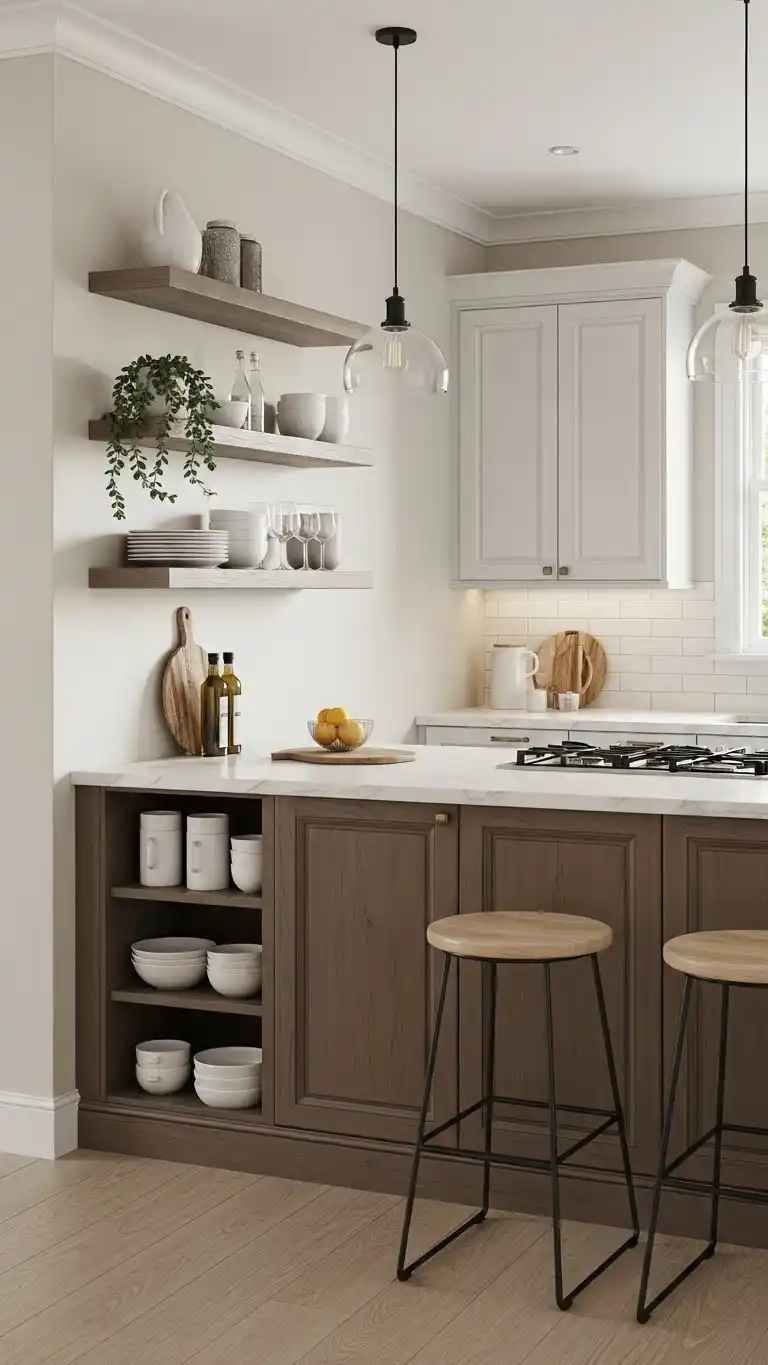 15 Smart U Shape Kitchen Island Ideas You’ll Love 16 14. U Shape Kitchen Island with Floating Shelves
