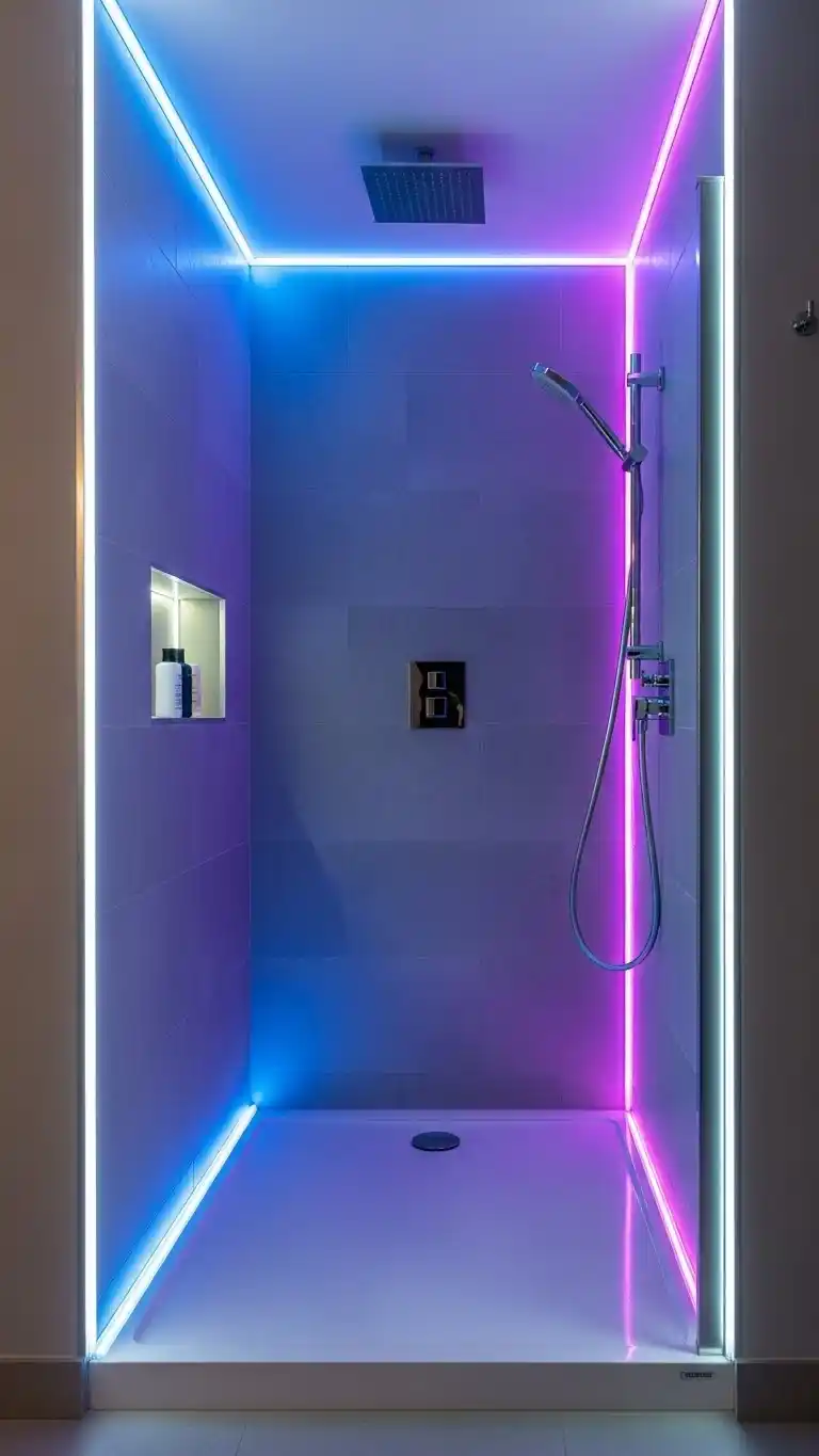 23 Walk In Shower Ideas That Feel Open & Luxurious 16 14. Walk-in Shower with LED Lighting