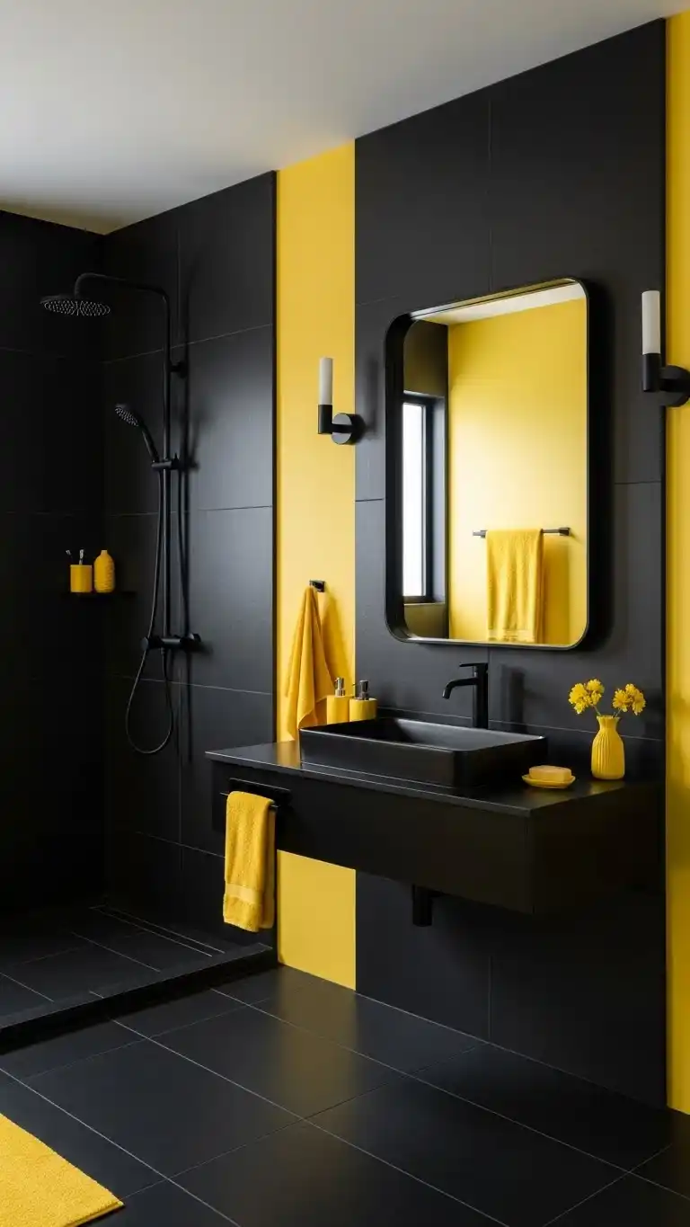 17 Bright and Stylish Yellow Bathroom Ideas You’ll Love 16 14. Yellow and Black for a Bold Contrast