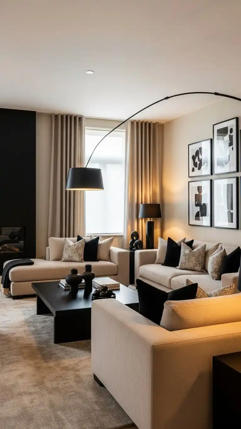 Black Living Room Ideas to Transform Your Space 18 15. Black and Beige for a Soft Contrast