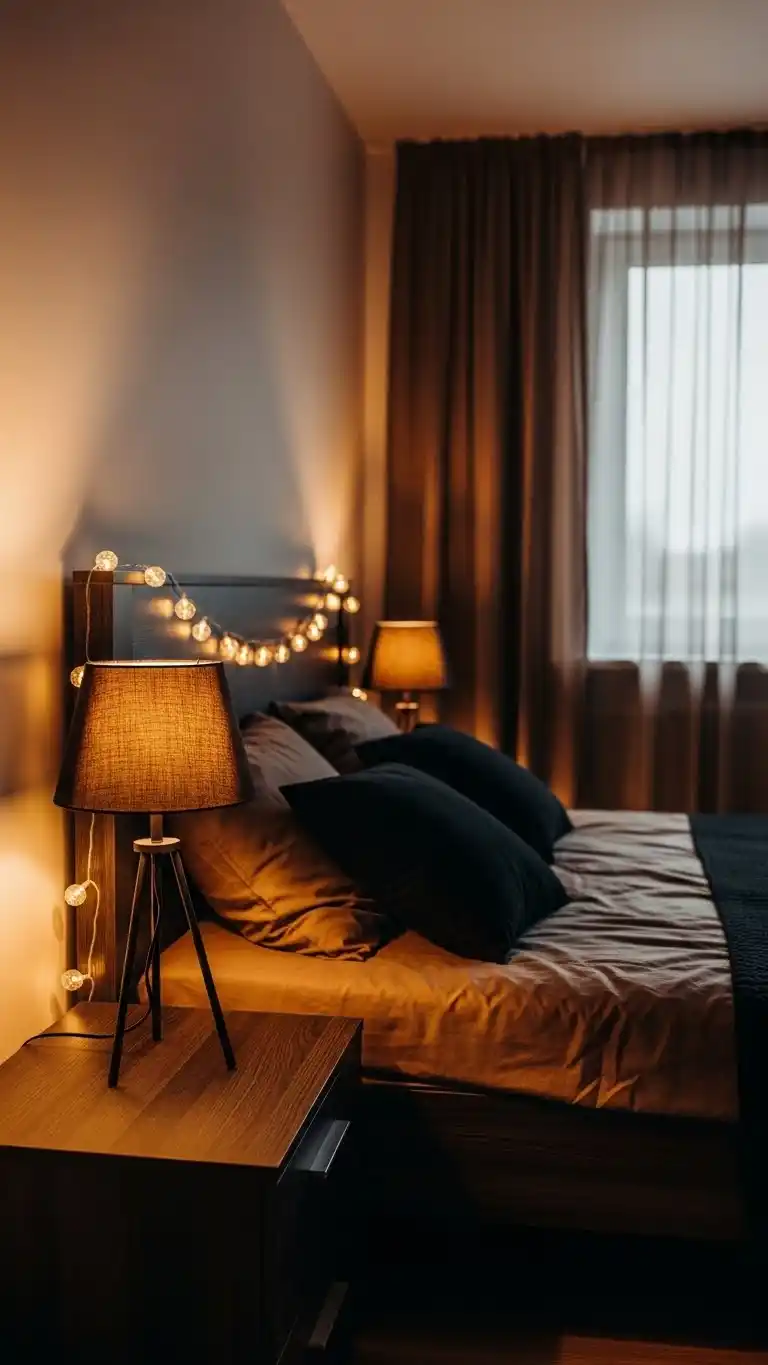 19 Stylish Black and Brown Bedroom Ideas for Any Home 18 15. Black and Brown with Soft Lighting