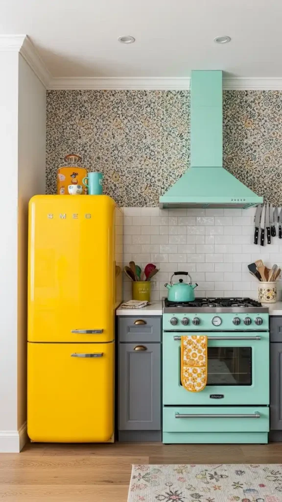17 Boho Kitchen Ideas for a Warm, Relaxed Look 17 15. Bold Colorful Appliances