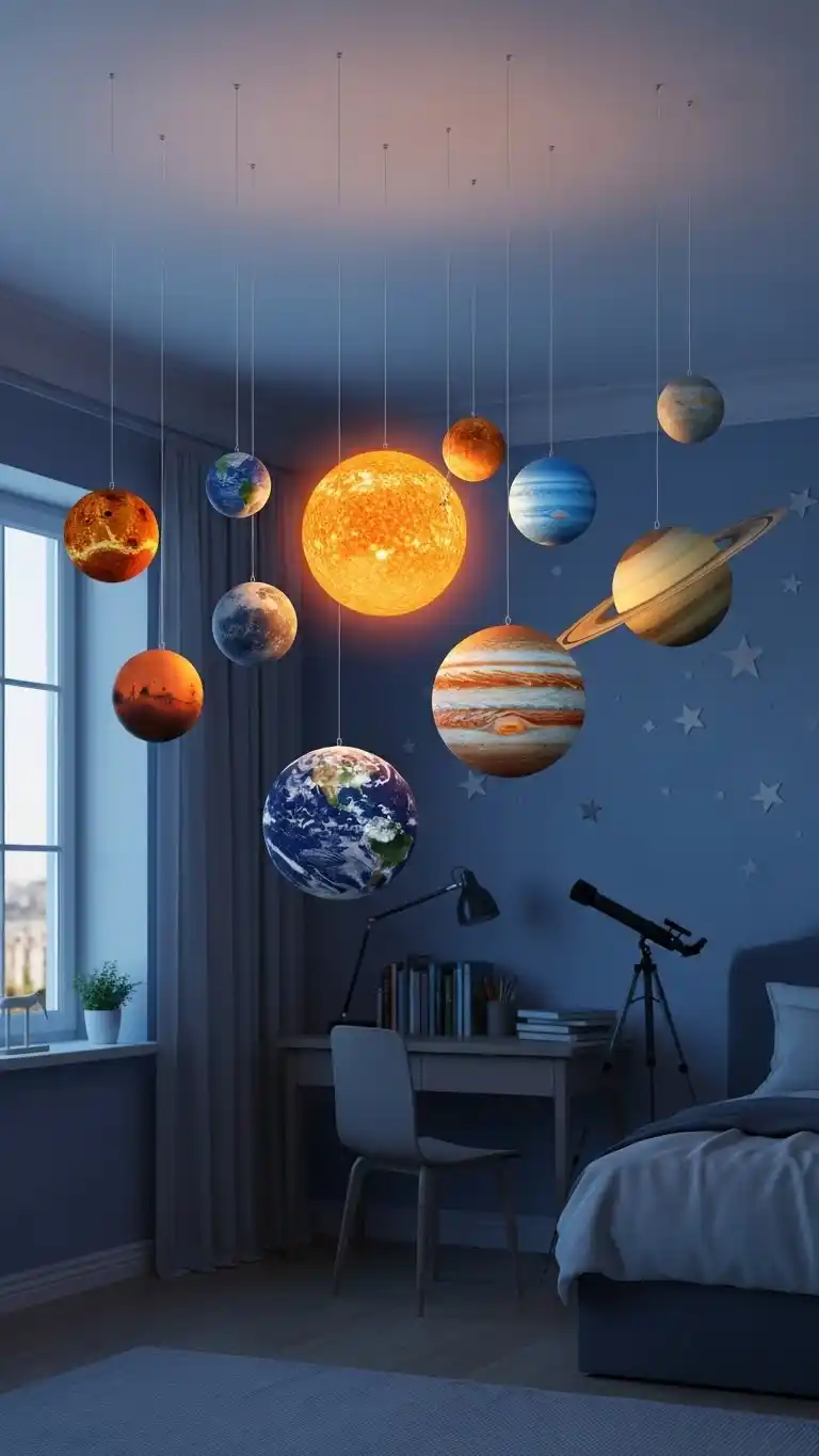 25 Space Themed Bedroom Ideas For Boy Toddlers You’ll Love 17 15. Hanging Planets from the Ceiling