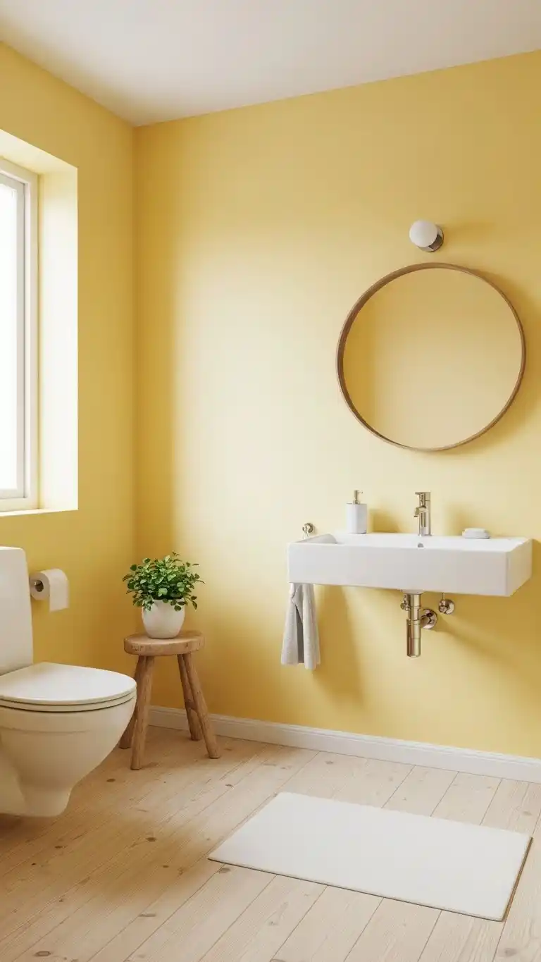 17 Bright and Stylish Yellow Bathroom Ideas You’ll Love 17 15. Minimalist Yellow Bathroom with Scandinavian Style