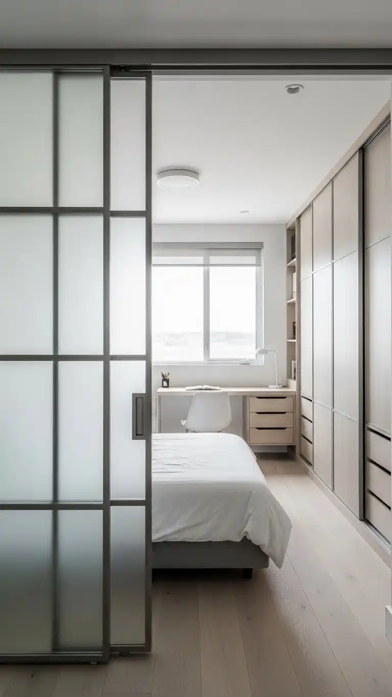 19 Small Shared Bedroom Ideas That Feel Calm and Organized 17 15. Opt for Sliding Doors Instead of Hinged Ones