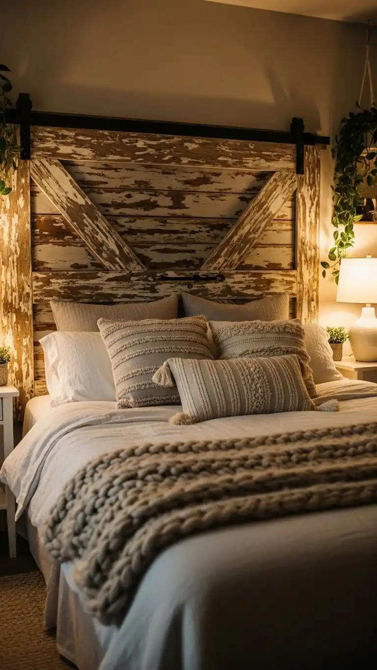 23 Boho Bedroom Headboard Ideas That Feel Warm & Stylish 18 16. Barn Door Headboard