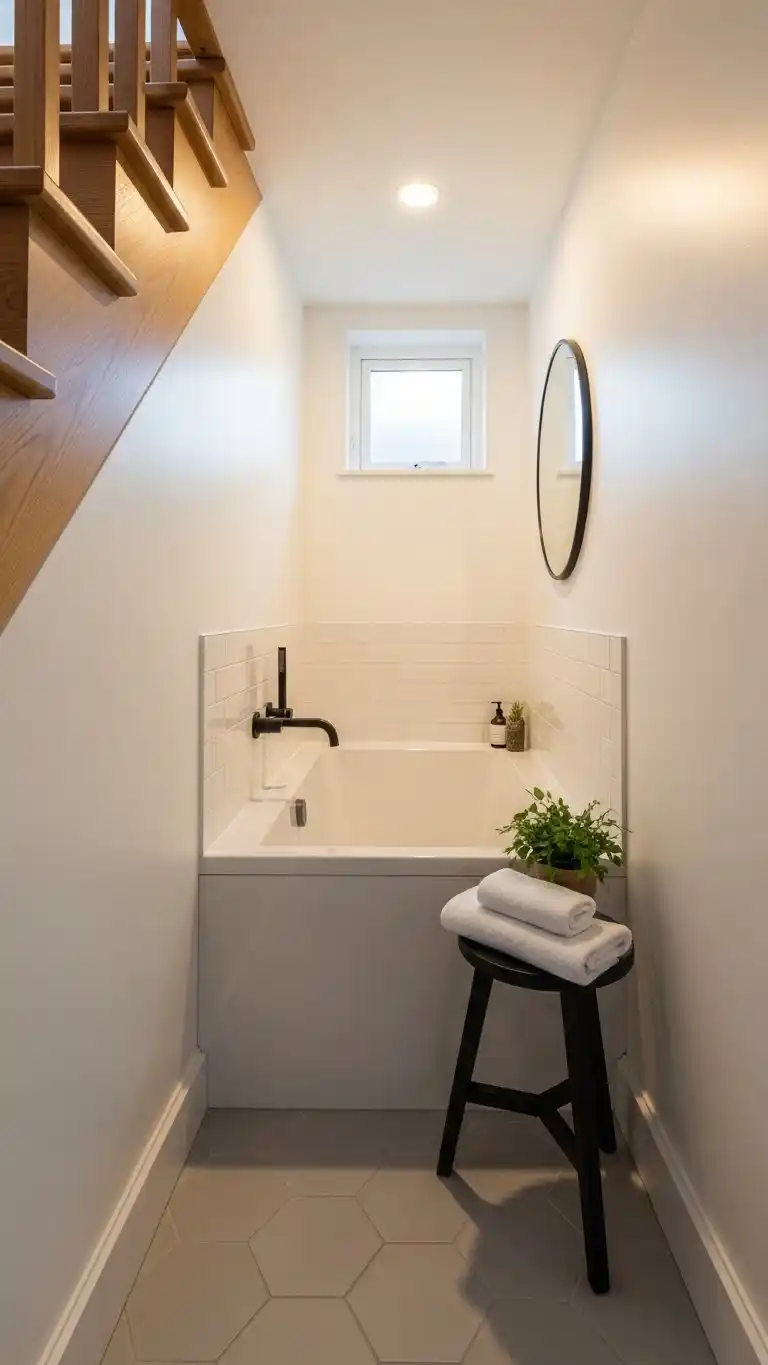21 Small Bathroom Under Stairs Ideas That Maximize Space 18 16. Opt for a Narrow Bathtub