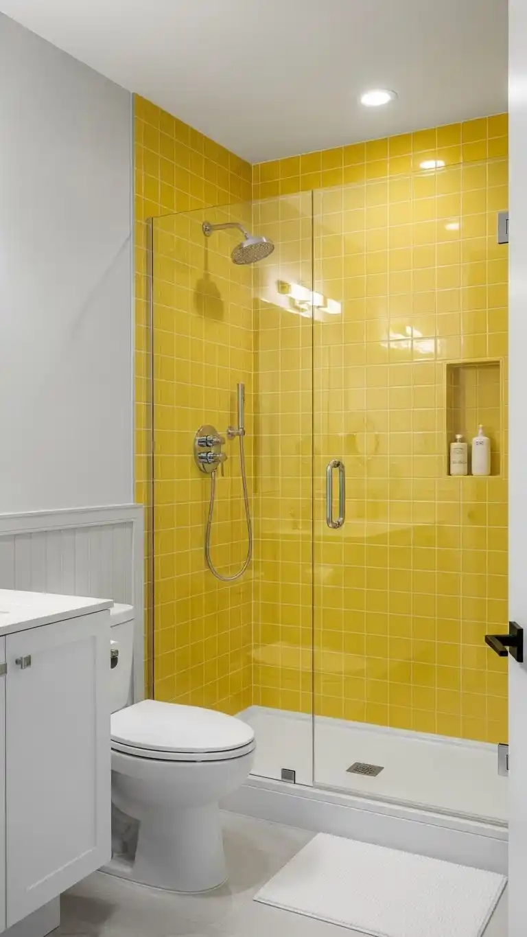 17 Bright and Stylish Yellow Bathroom Ideas You’ll Love 18 16. Yellow Shower Area for a Refreshing Look