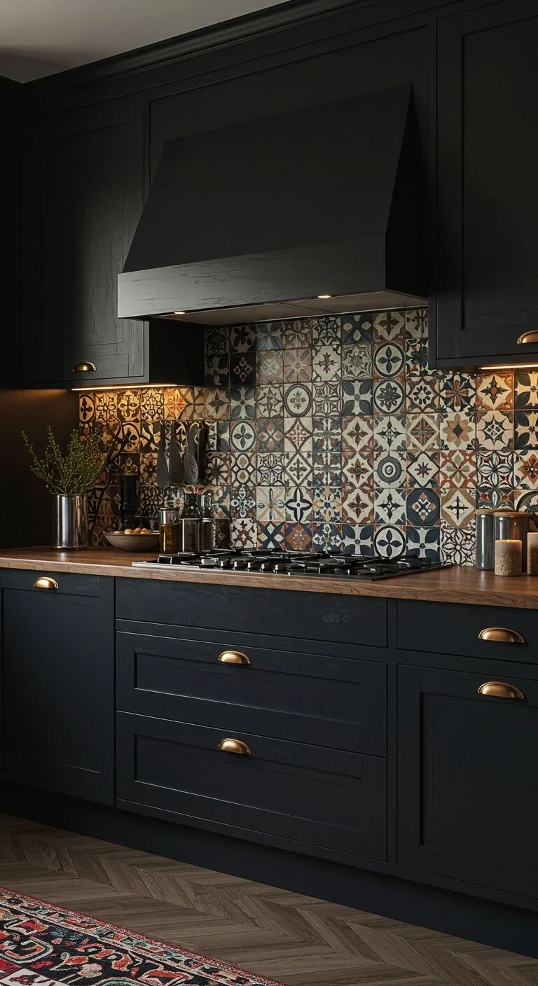 17 Stunning Backsplash Ideas for Dark Cabinet Kitchens 19 17. Bold Patterns for Drama