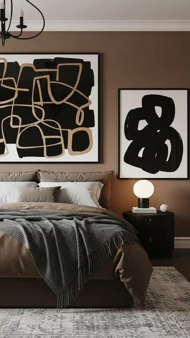 19 Stylish Black and Brown Bedroom Ideas for Any Home 20 17. Brown and Black with Bold Art Pieces