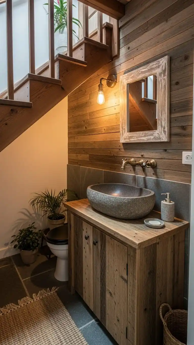 21 Small Bathroom Under Stairs Ideas That Maximize Space 19 17. Create a Rustic Charm