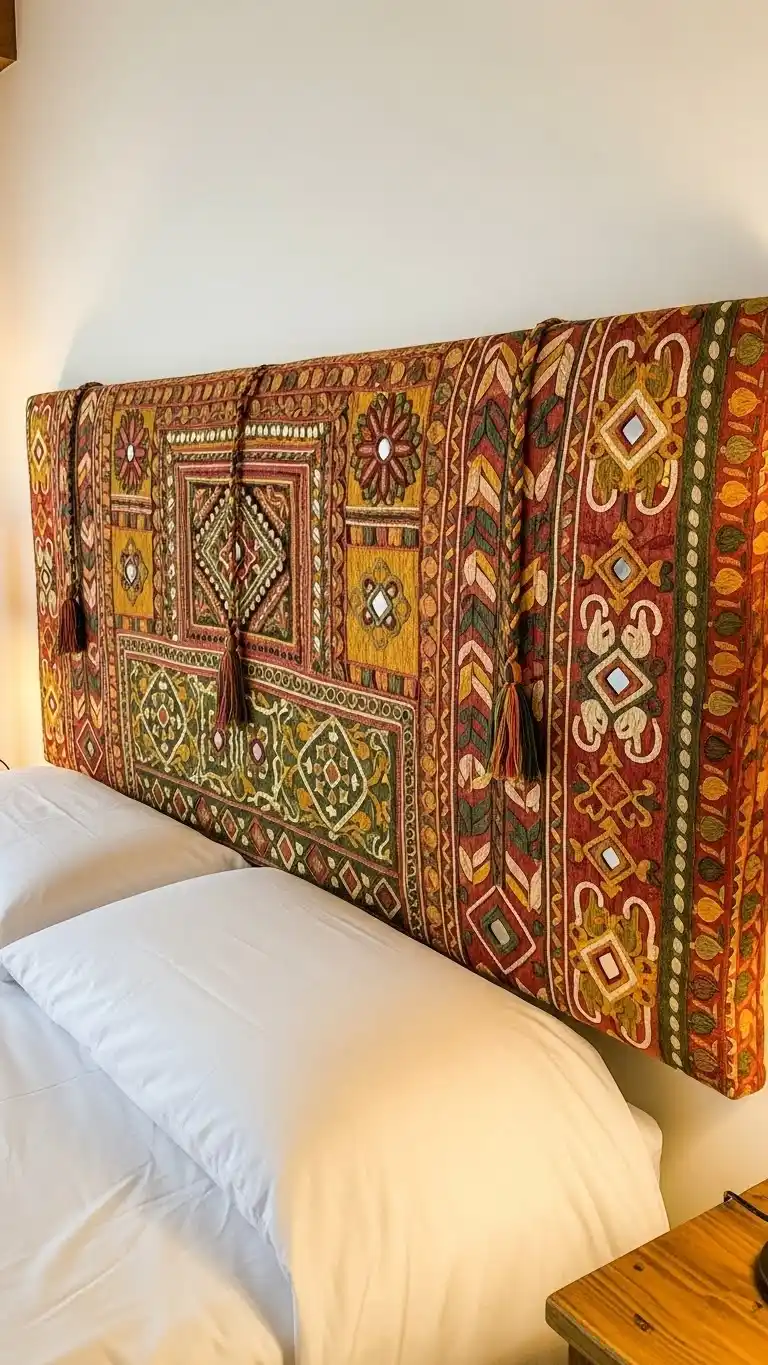 23 Boho Bedroom Headboard Ideas That Feel Warm & Stylish 19 17. Embroidered Fabric Panel Headboard