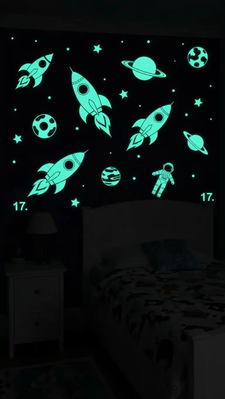 25 Space Themed Bedroom Ideas For Boy Toddlers You’ll Love 19 17. Glow-in-the-Dark Rocket Decals