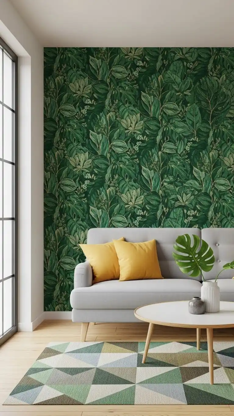 Inspiring Green Living Room Ideas You’ll Love 20 17. Green Wallpaper for a Statement Wall