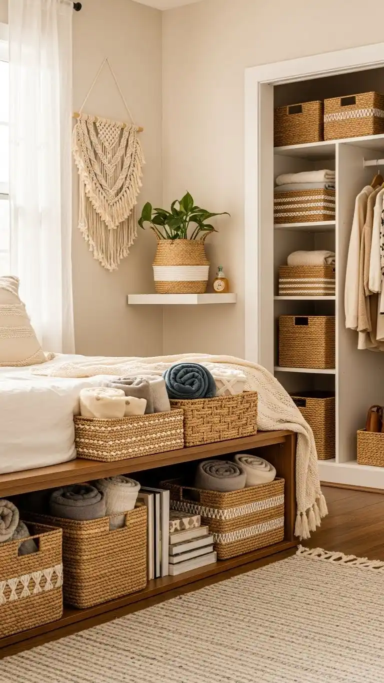 17 Small Bedroom Storage Ideas That Are Simple and Stylish 19 17. Incorporate Decorative Baskets and Bins