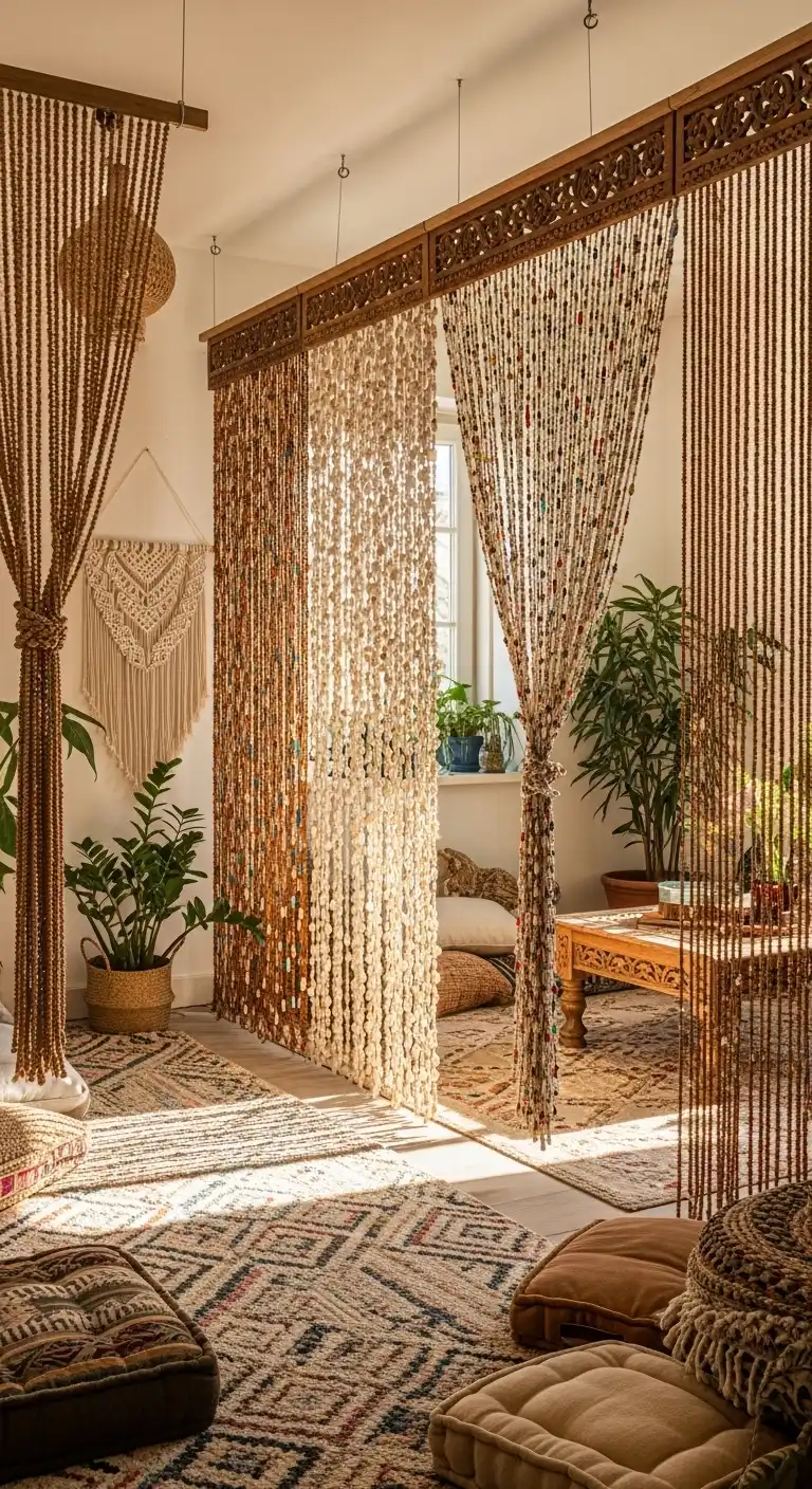 25 Boho Living Room Ideas to Transform Your Space 19 18. Beaded Curtains or Room Dividers
