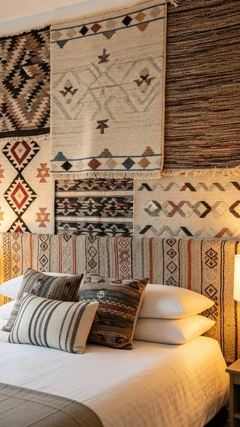 23 Boho Bedroom Headboard Ideas That Feel Warm & Stylish 20 18. Layered Rugs as a Headboard