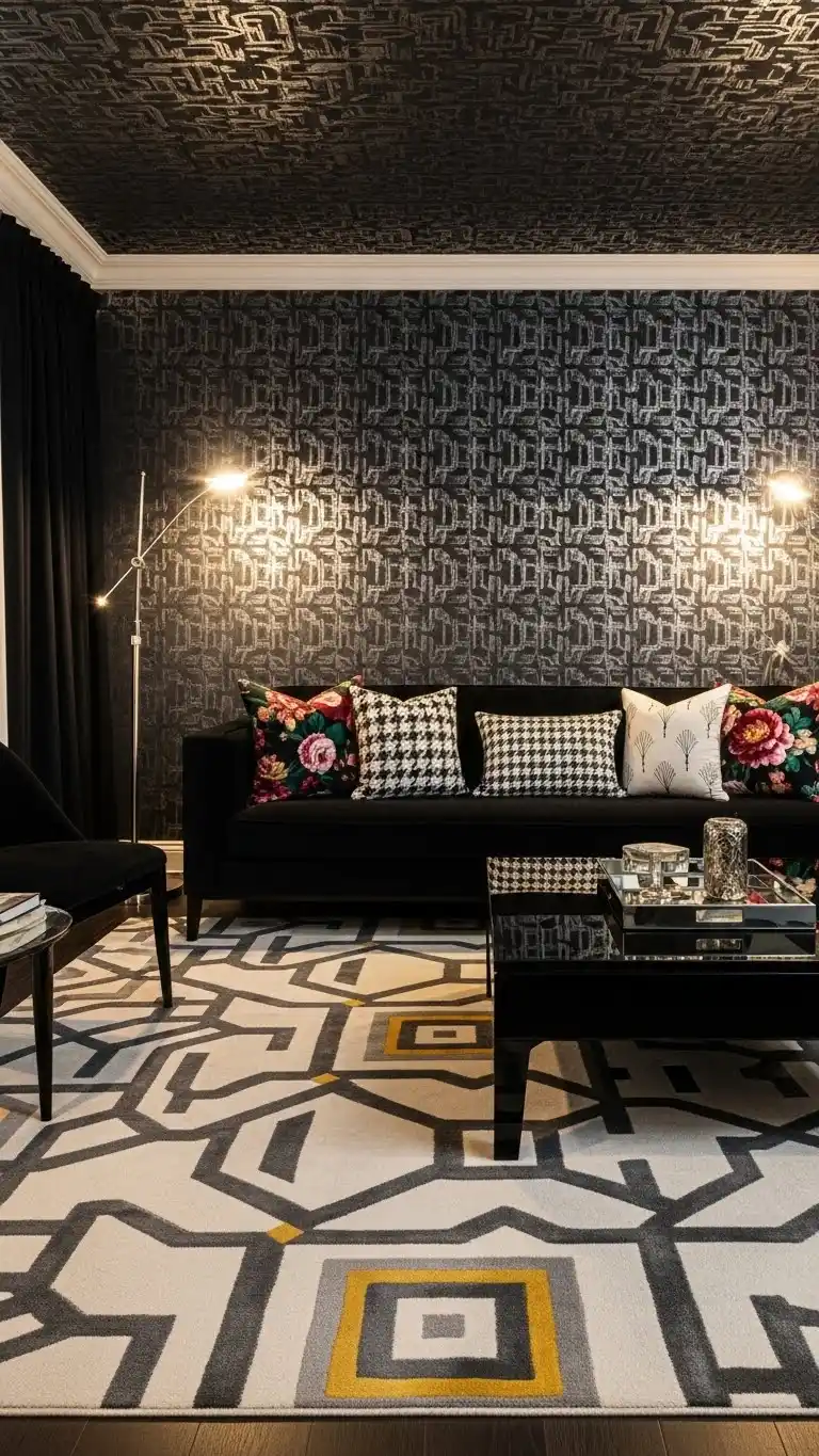 Black Living Room Ideas to Transform Your Space 21 18. Play with Patterns