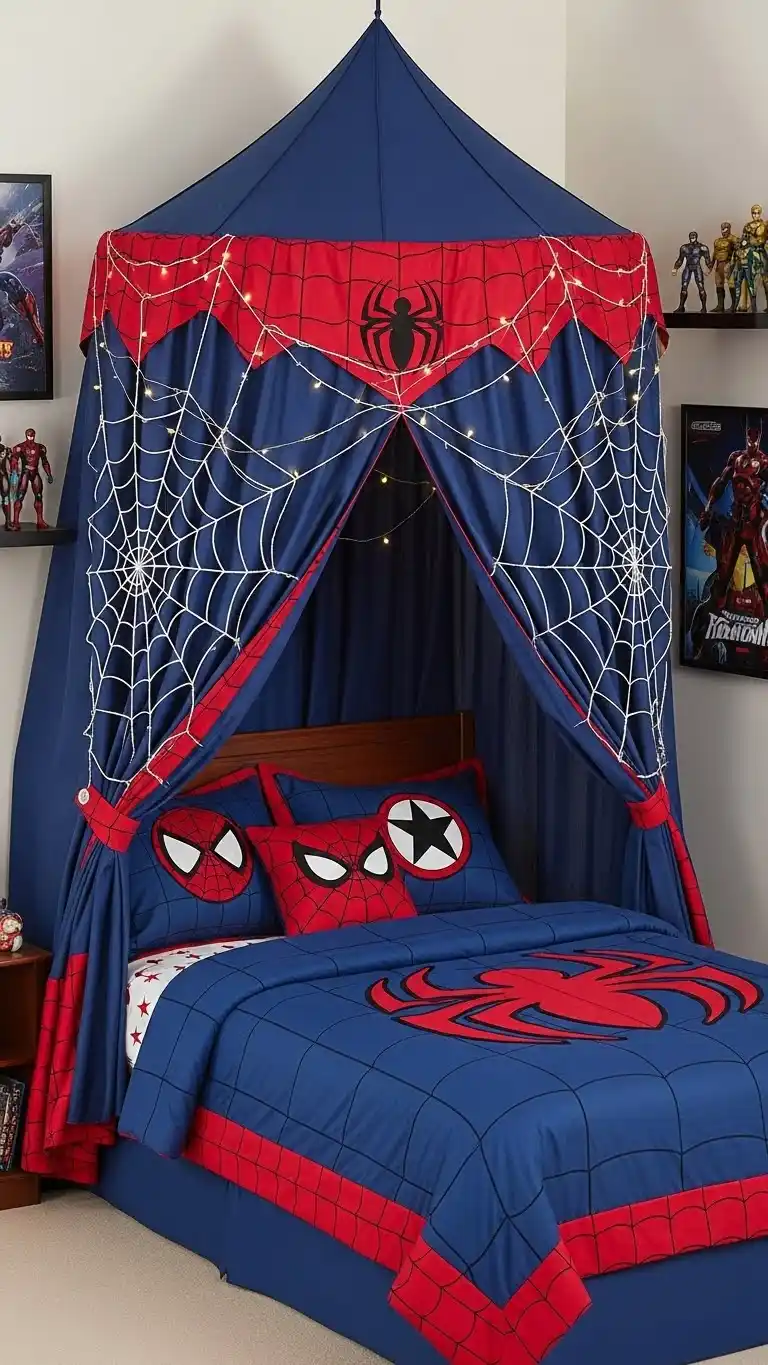 23 Spider Man Bedroom Ideas That Feel Bold and Playful 20 18. Superhero Bedding Canopy