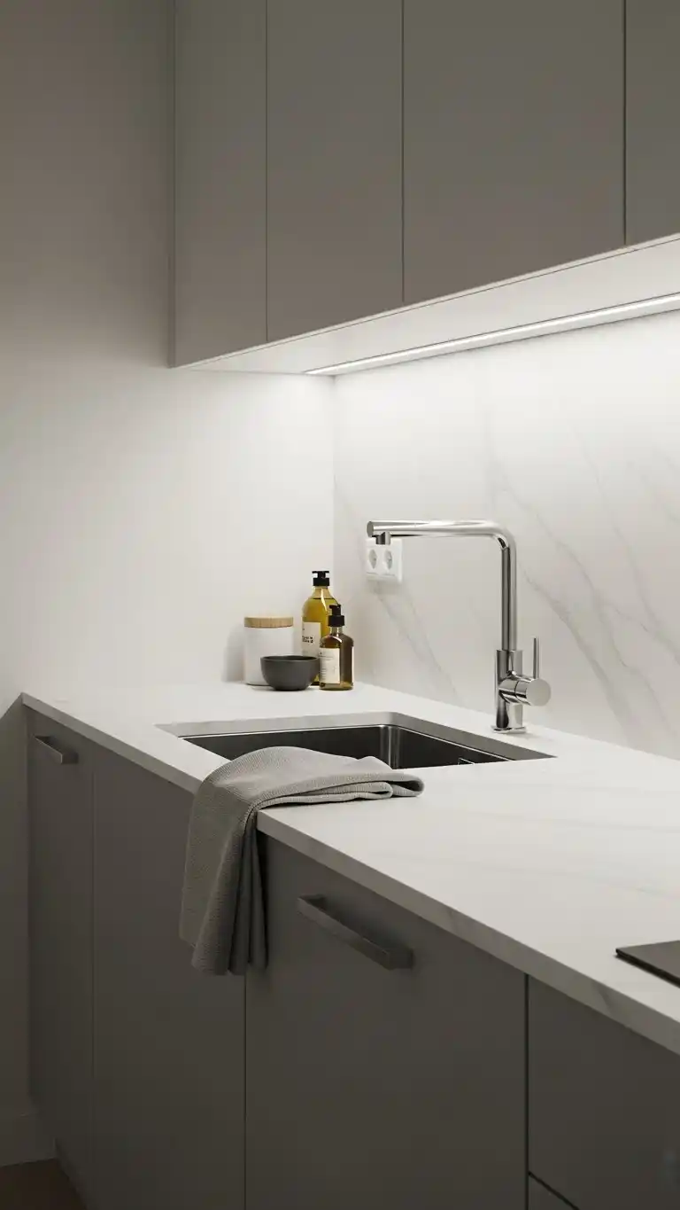 21 Small Kitchen Layout Ideas for Better Flow 20 18. Wall-Mounted Faucets Layout