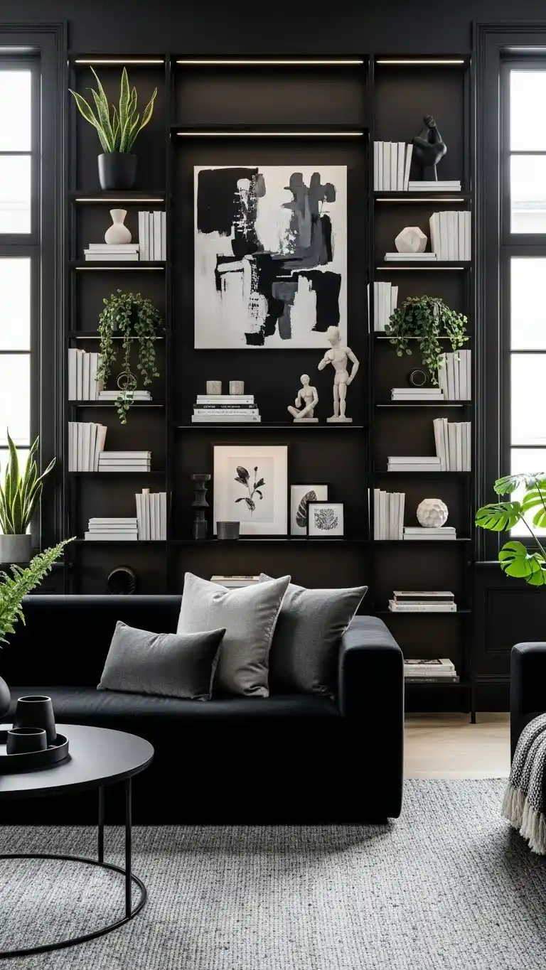 Black Living Room Ideas to Transform Your Space 22 19. Black Living Room with Open Shelving