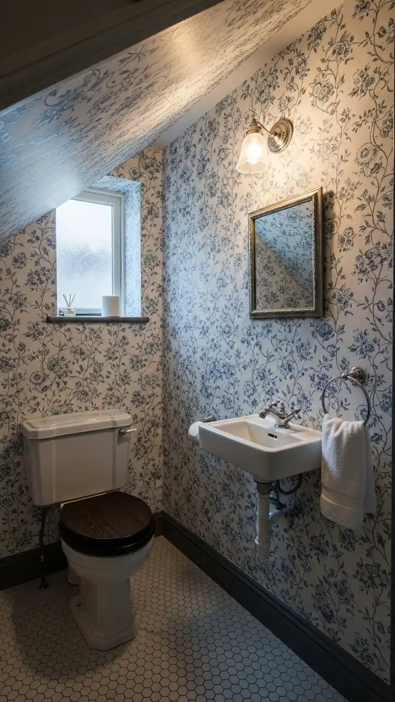 21 Small Bathroom Under Stairs Ideas That Maximize Space 21 19. Use Patterned Wallpaper