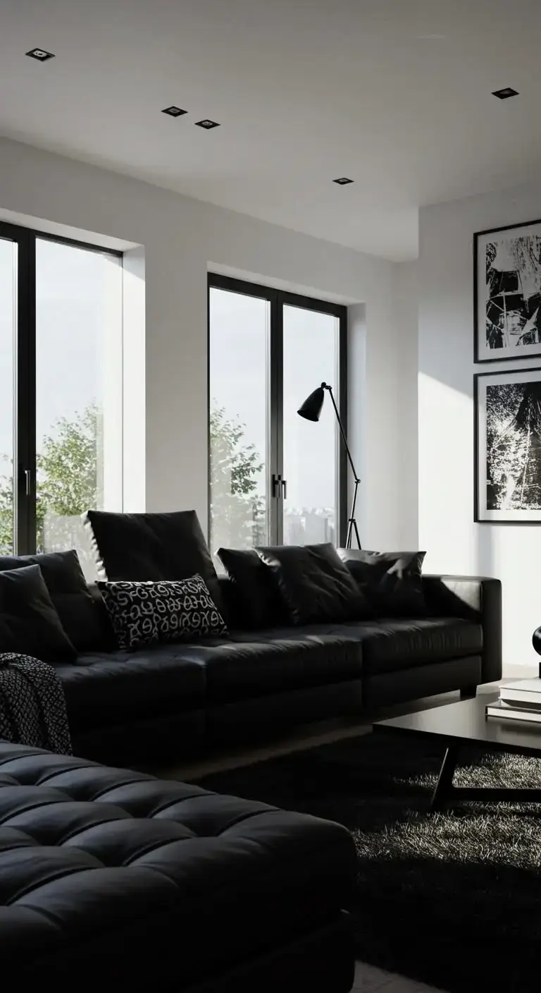 Black Living Room Ideas to Transform Your Space 5 2. Black and White Contrast