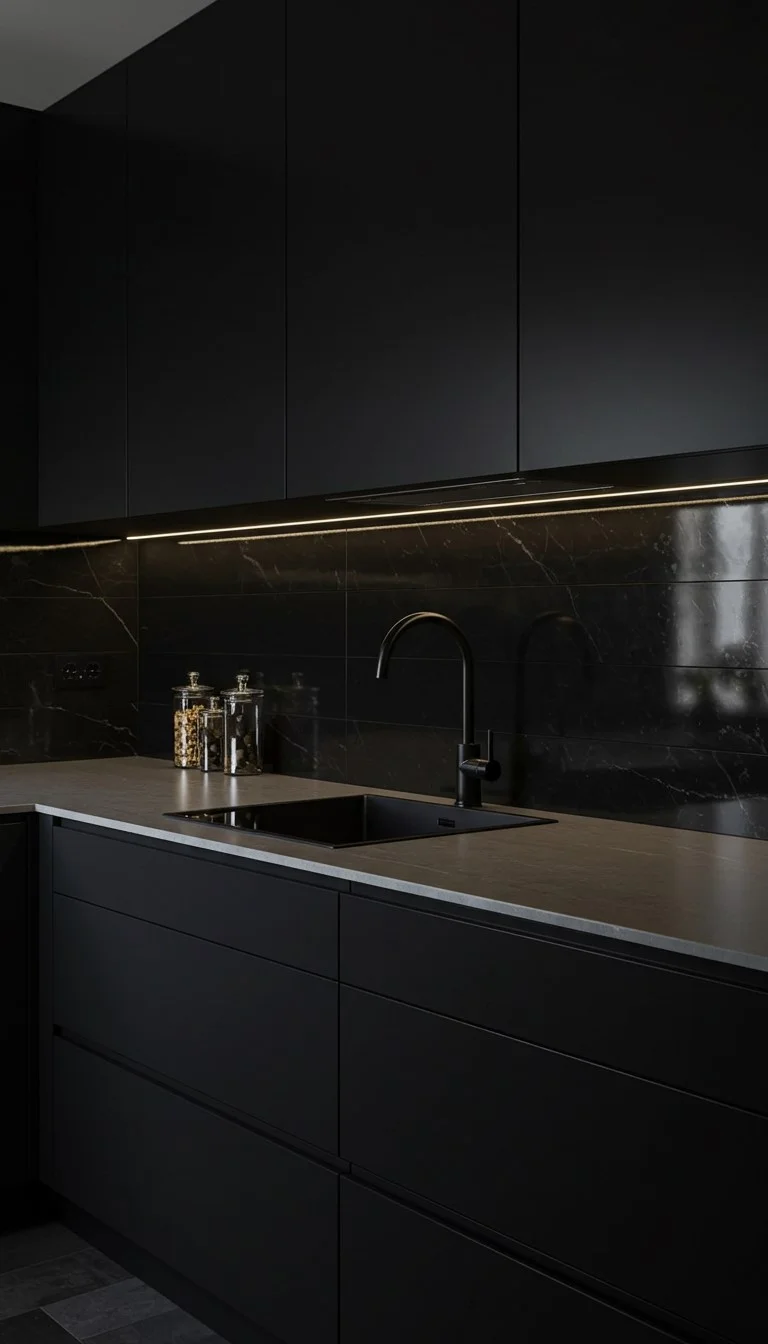 17 Stunning Backsplash Ideas for Dark Cabinet Kitchens 4 2. Bold Black Tiles for a Monochrome Look
