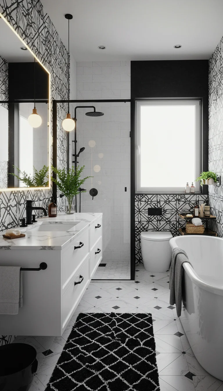 15 Simple + Chic Bathroom Design Interior Ideas 4 2. Bold Black and White Contrast