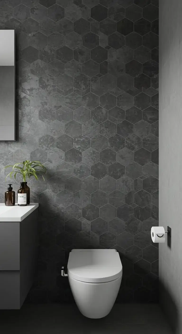 15 Stylish Gray Bathroom Backsplash Ideas 5 2. Charcoal Gray Hexagon Tile Backsplash