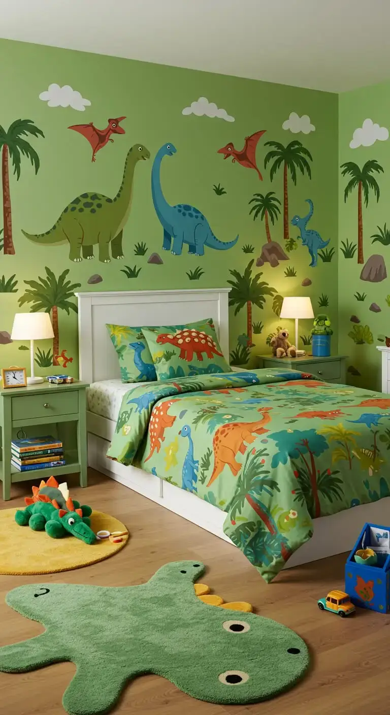 21 Dinosaur Bedroom Ideas For Boy Toddlers You’ll Love 4 2. Dinosaur-Themed Bedding
