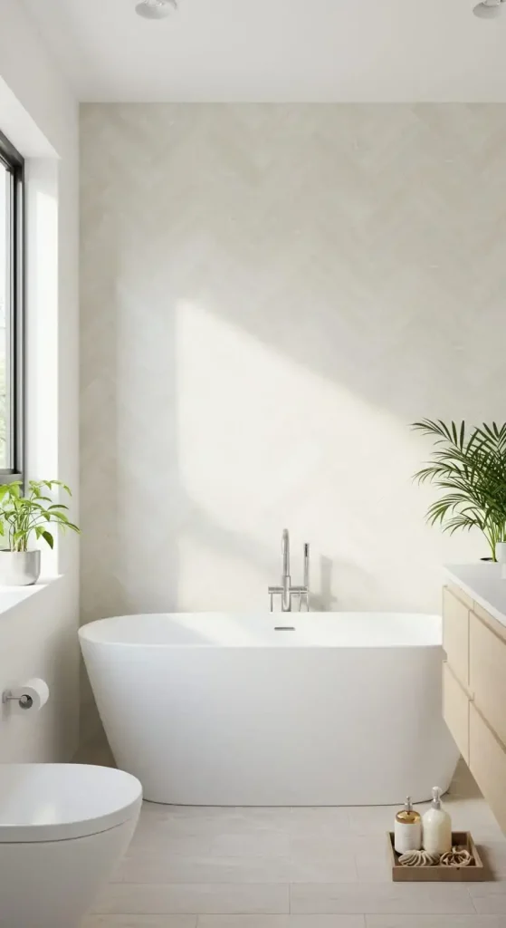 15 Simple & Stunning White Bathroom Backsplash Ideas 2 2. Herringbone Tile Backsplash